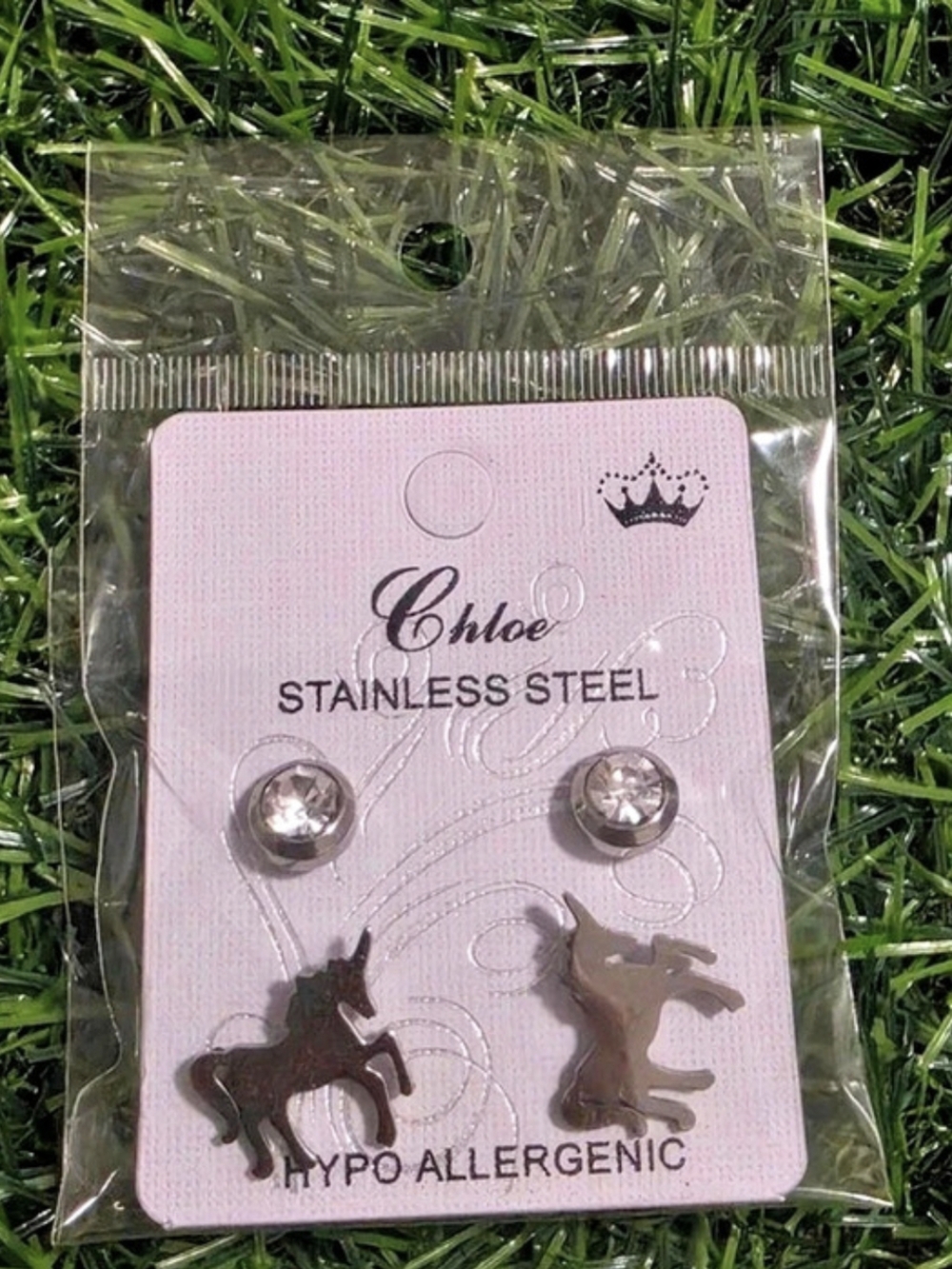 Chloe Unicorn Stud Earrings in Silver & Black NWT